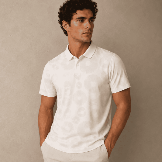Man wearing a white polo shirt against a beige background