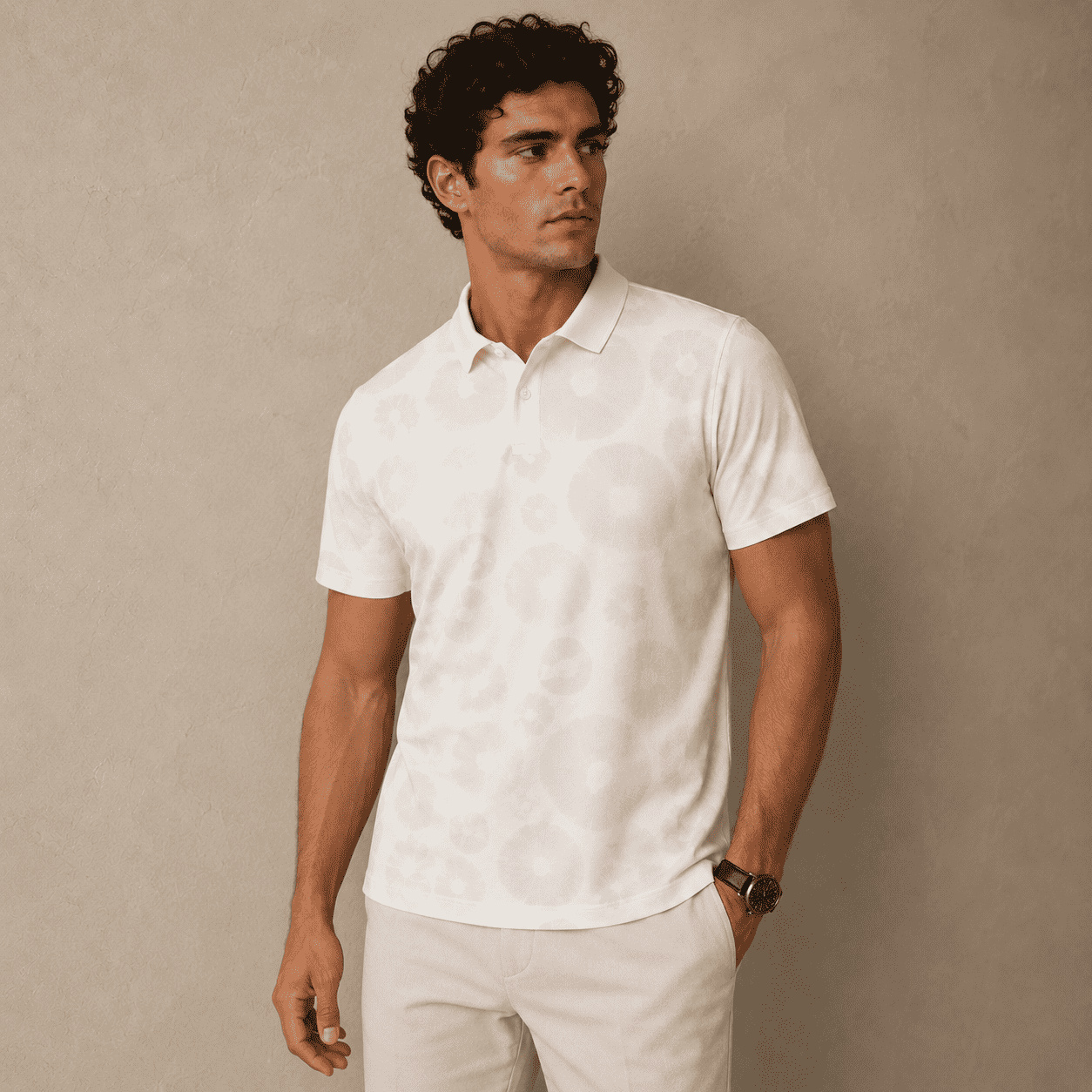 Man wearing a white polo shirt and beige pants against a beige background