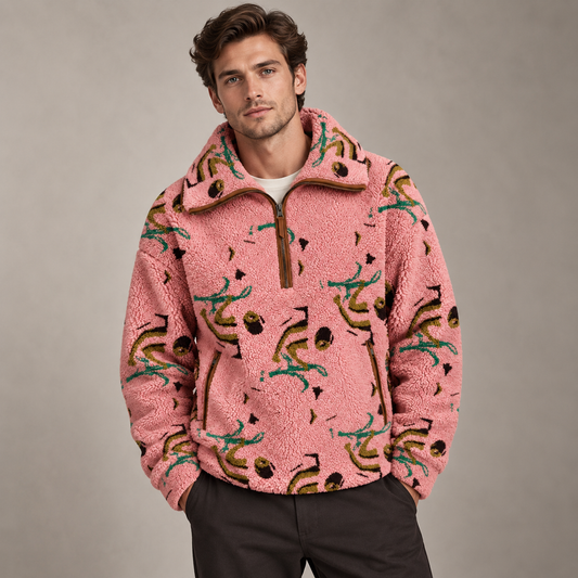 A man wearing a pink sherpa fleece quarter-zip pullover with a brown leather zipper and a green and gold abstract pattern, paired with dark brown pants, against a neutral gray studio background.