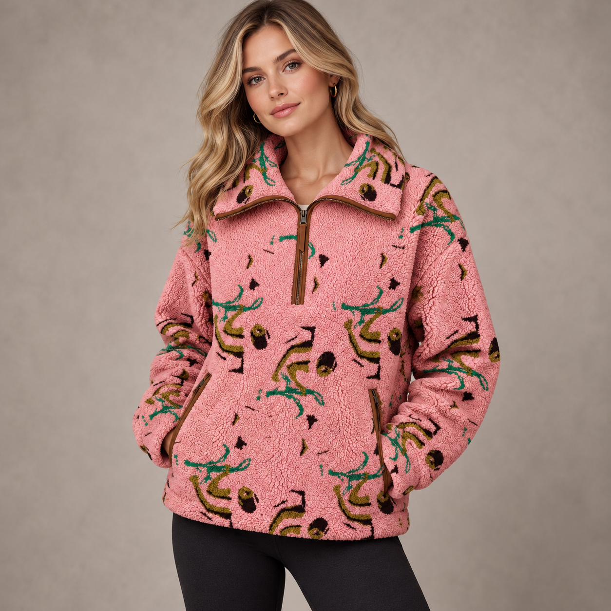 A woman wearing a pink sherpa fleece quarter-zip pullover with a brown collar, zipper, and pocket trim, decorated with a green and brown abstract pattern, set against a neutral gray studio background.