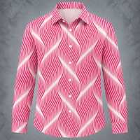 A long-sleeve button-up shirt with a vibrant pink and white wavy stripe pattern, displayed on a textured gray background.