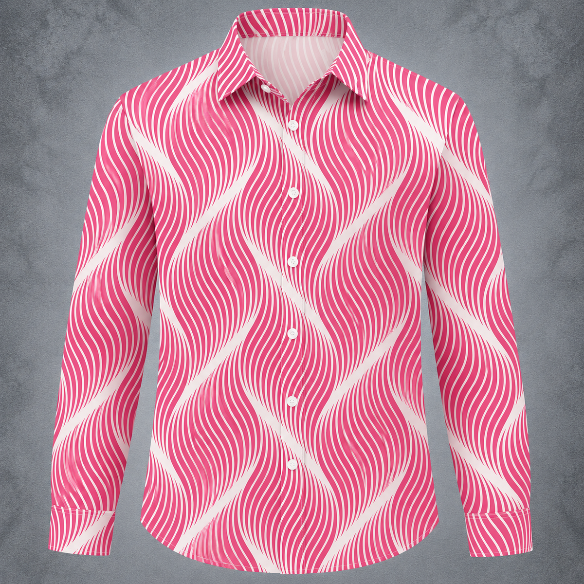 A long-sleeve button-up shirt with a vibrant pink and white wavy stripe pattern, displayed on a textured gray background.