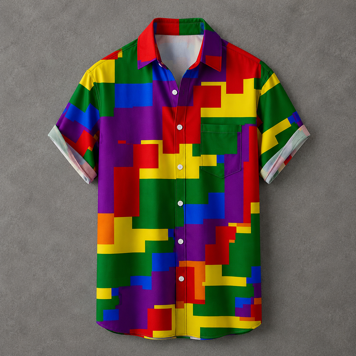 A short-sleeve button-up shirt with a bold, colorful geometric pixelated pattern in red, green, yellow, blue, purple, and orange, displayed flat against a textured gray background.