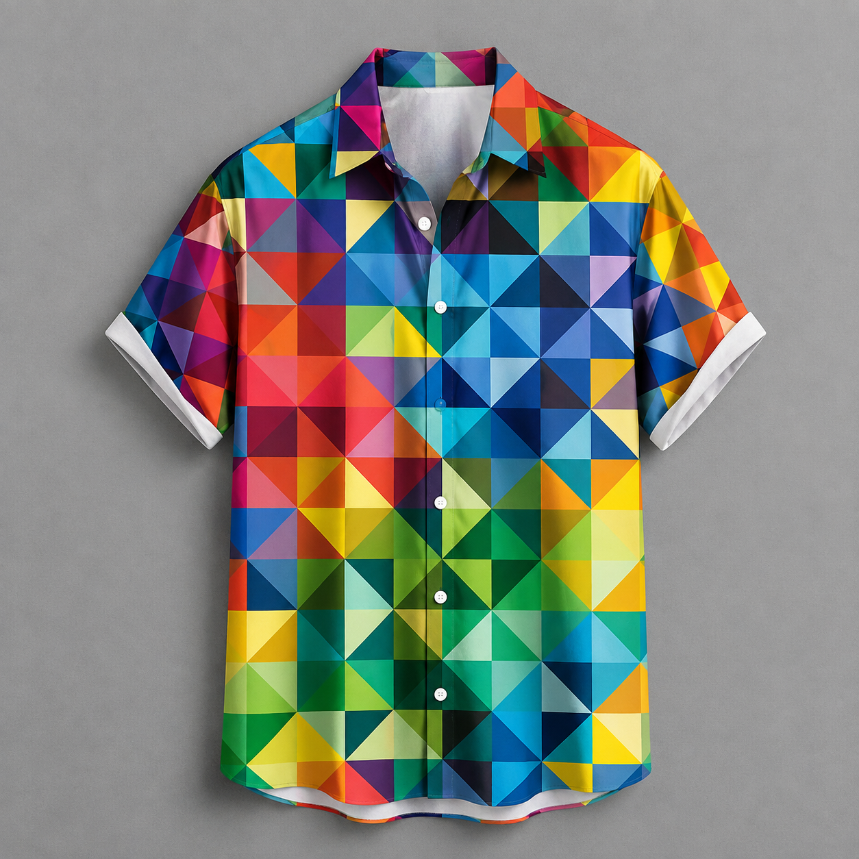 A short-sleeve button-up shirt with a vibrant multicolor geometric triangle pattern, displayed flat against a solid gray background.