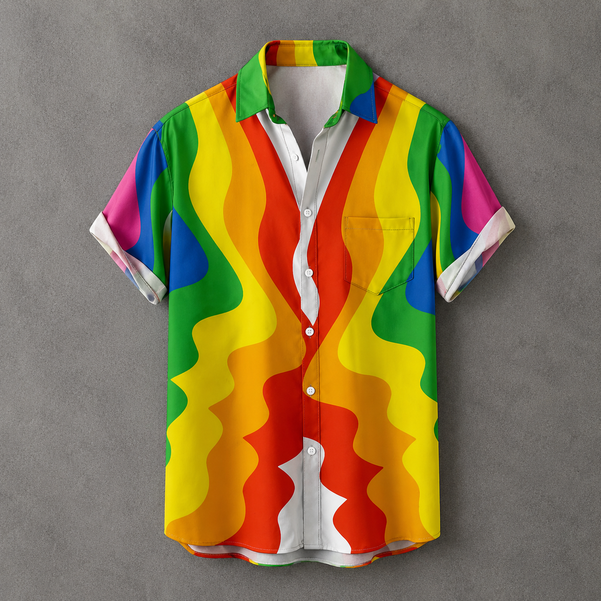 A short-sleeve button-up shirt with a bold, multicolor psychedelic wavy pattern in yellow, orange, red, green, blue, and pink, laid flat on a textured gray background.