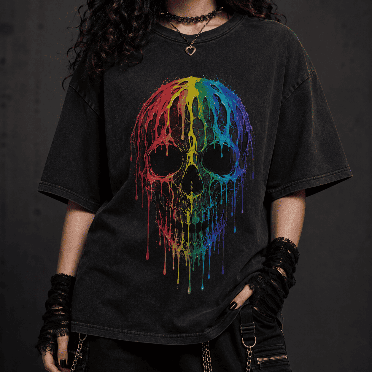 Oversized Skull Graphic Shirt Rainbow Drip CHAOSBORN - Chaos Born