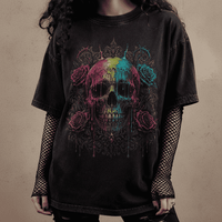 Oversized Skull Graphic Shirt Rainbow Rose Gothic CHAOSBORN - Chaos Born