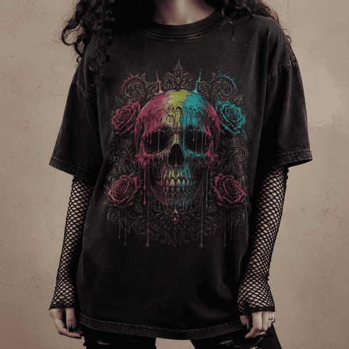 Oversized Skull Graphic Shirt Rainbow Rose Gothic CHAOSBORN - Chaos Born