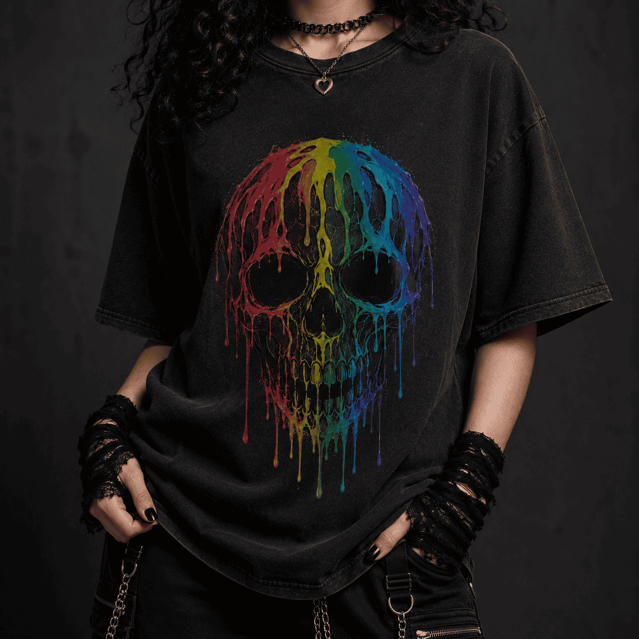 Oversized Skull Graphic Shirt Rainbow Drip CHAOSBORN - Chaos Born