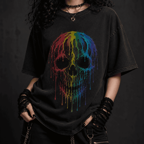 Oversized Skull Graphic Shirt Rainbow Drip CHAOSBORN - Chaos Born