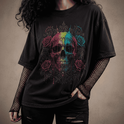 Oversized Skull Graphic Shirt Rainbow Rose Gothic CHAOSBORN - Chaos Born
