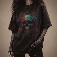 Oversized Skull Graphic Shirt Rainbow Rose Gothic CHAOSBORN - Chaos Born