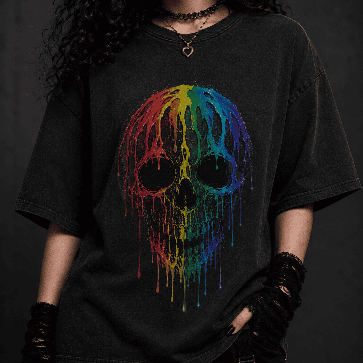 Oversized Skull Graphic Shirt Rainbow Drip CHAOSBORN - Chaos Born