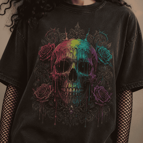 Oversized Skull Graphic Shirt Rainbow Rose Gothic CHAOSBORN - Chaos Born