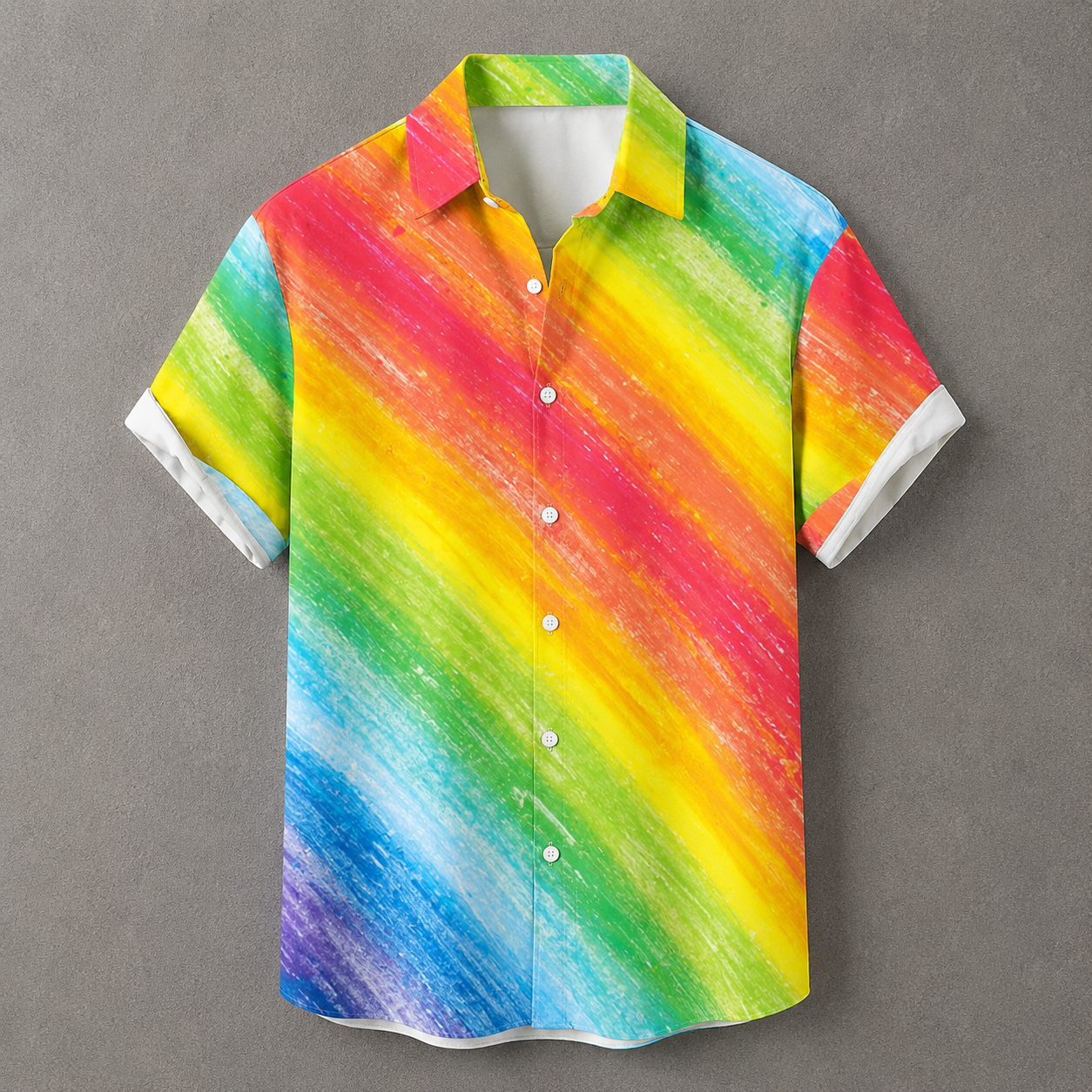 A short-sleeve button-up shirt with a vibrant rainbow diagonal stripe pattern, displayed against a neutral gray background.