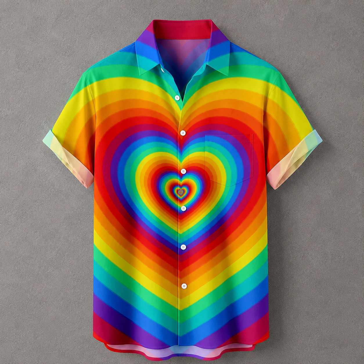 A short-sleeve button-up camp shirt with a vibrant rainbow heart pattern, displayed flat against a textured gray background.