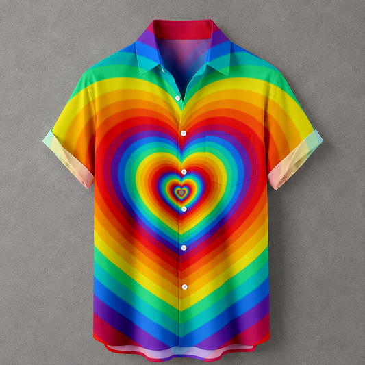 A short-sleeve button-up camp shirt with a vibrant rainbow heart pattern, displayed flat against a textured gray background.
