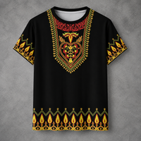 A black short-sleeve t-shirt with an intricate, colorful African dashiki-style print featuring red, yellow, and green patterns on the chest and sleeves, displayed against a textured gray background.