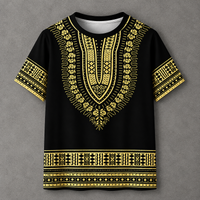 A black short-sleeve t-shirt with an all-over gold African dashiki pattern, featuring a V-neckline, patterned sleeves, and a decorative border at the bottom, displayed flat against a textured gray background.
