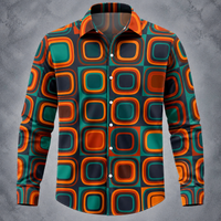 A long-sleeve button-up shirt with a bold 1970s-style geometric pattern featuring nested rounded squares in orange, teal, and dark navy on a black background, shown against a textured gray backdrop.