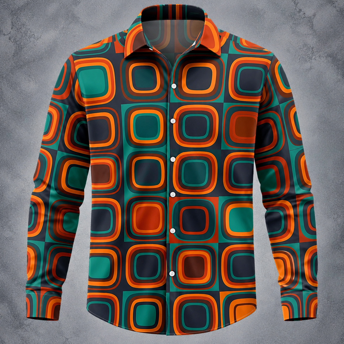 A long-sleeve button-up shirt with a bold 1970s-style geometric pattern featuring nested rounded squares in orange, teal, and dark navy on a black background, shown against a textured gray backdrop.