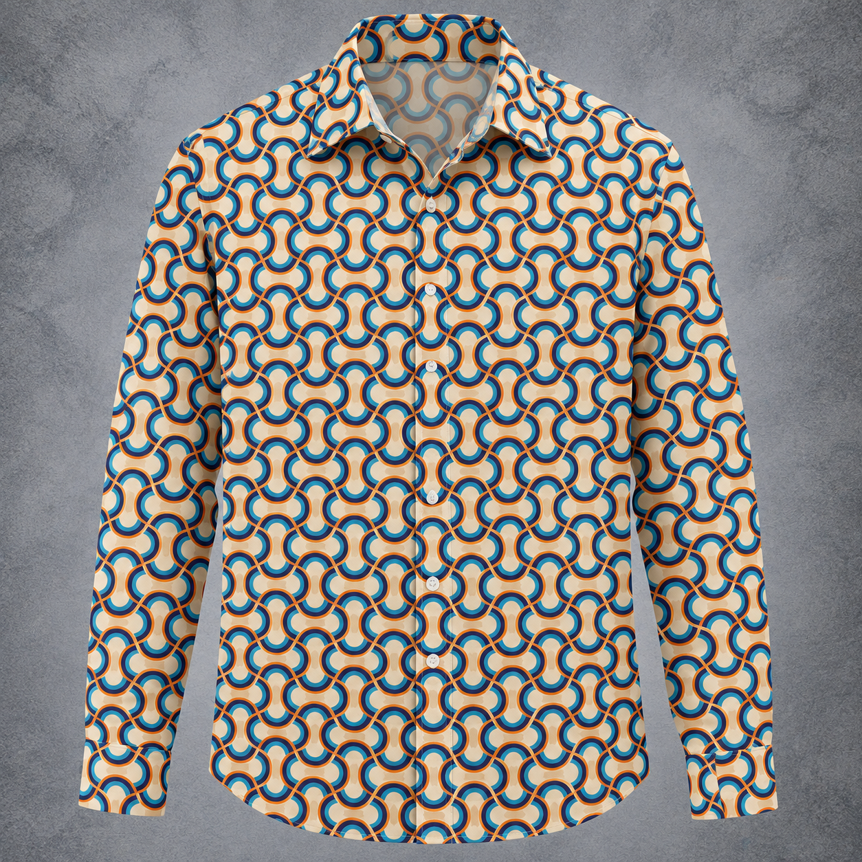A long-sleeve button-up shirt with a repeating geometric interlocking chain pattern in blue and beige on a white base, displayed against a textured gray background.