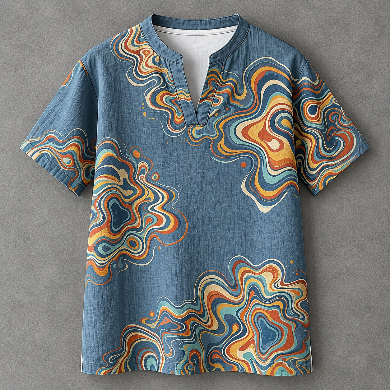 A short-sleeve buttonless henley-style shirt in blue denim-like fabric with a bold abstract wavy print in orange, yellow, teal, and cream, laid flat on a gray background.