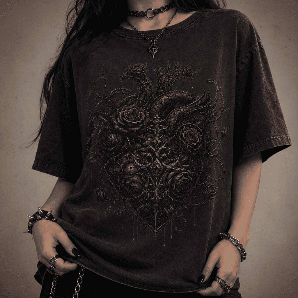 Person wearing a dark t-shirt with intricate design, standing against a black background