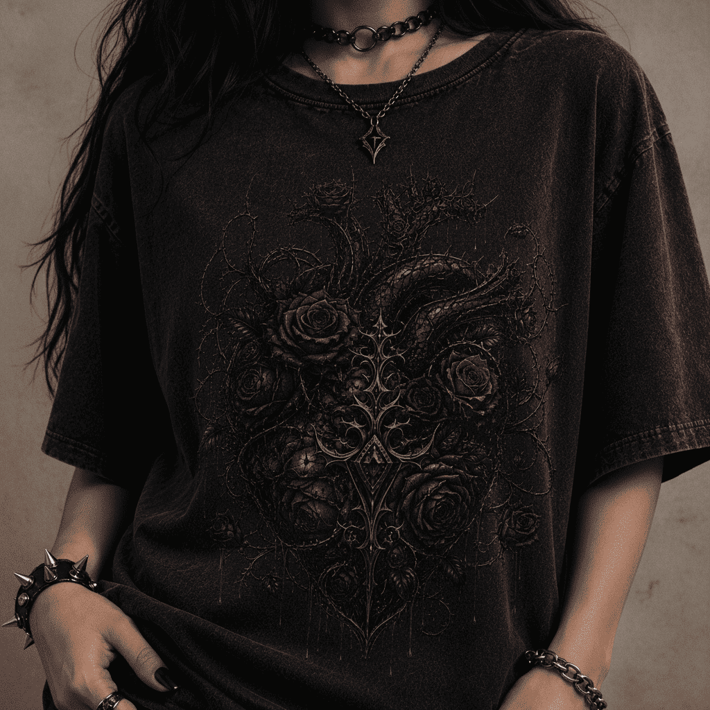 Person wearing a dark t-shirt with intricate floral design on a black background