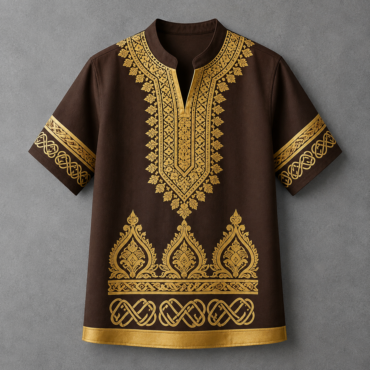 A dark brown short-sleeve tunic top with intricate gold embroidery, featuring a mandarin collar, a split V-neckline, and ornate traditional patterns on the chest, sleeves, and hem, displayed against a textured gray background.