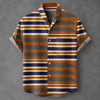 A short-sleeve button-up shirt with a multicolor horizontal stripe pattern in orange, navy blue, olive green, and cream, laid flat against a textured gray background.