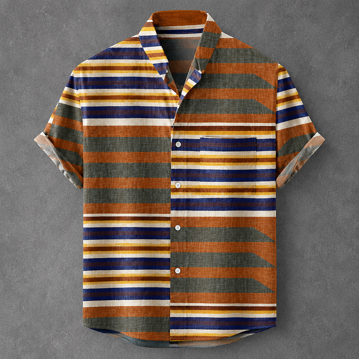 A short-sleeve button-up shirt with a multicolor horizontal stripe pattern in orange, navy blue, olive green, and cream, laid flat against a textured gray background.