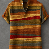 A short-sleeve button-up shirt with a textured linen-like fabric, featuring horizontal stripes in rust orange, olive green, mustard yellow, and deep red, laid flat on a gray background.