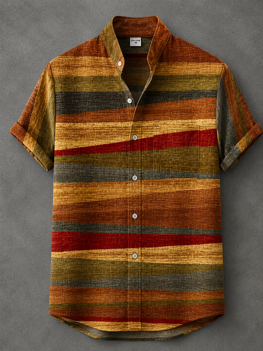 A short-sleeve button-up shirt with a textured linen-like fabric, featuring horizontal stripes in rust orange, olive green, mustard yellow, and deep red, laid flat on a gray background.