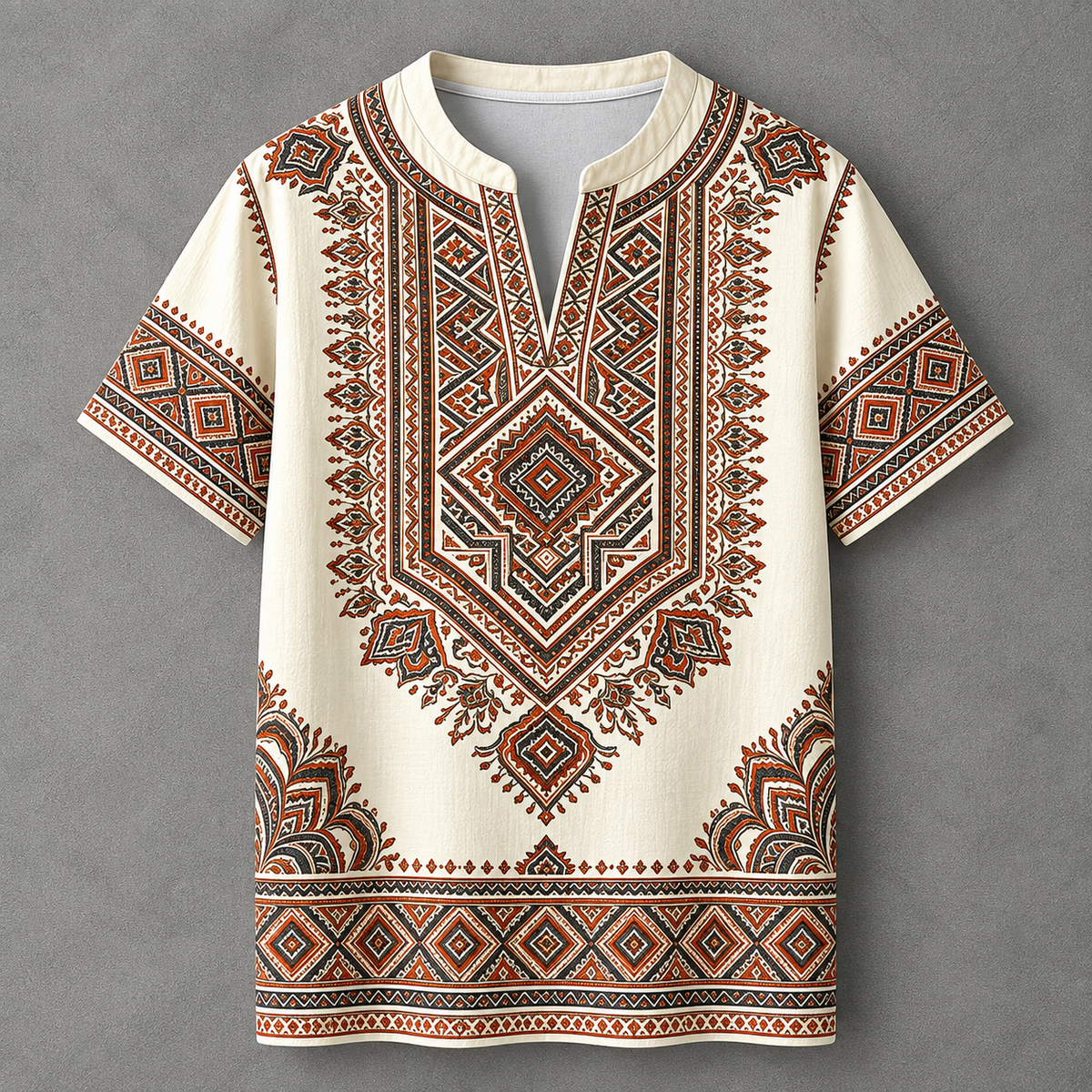 A short-sleeve men's t-shirt with a cream base and an intricate geometric tribal pattern in brown, orange, and black, featuring a split neckline.
