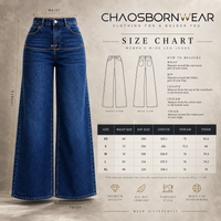 A size chart and measurement guide for Chaosborn Wear women's wide leg jeans, featuring a large front view of a blue denim pair with labeled waist, hip, length, inseam, and thigh measurements, plus front/back view line drawings and a size table.