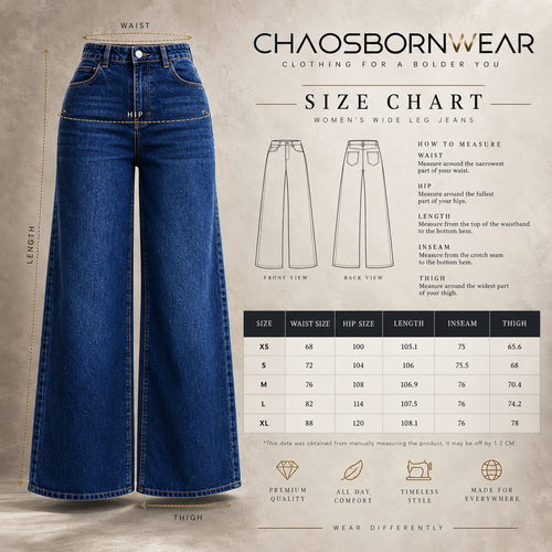 A size chart and measurement guide for Chaosborn Wear women's wide leg jeans, featuring a large front view of a blue denim pair with labeled waist, hip, length, inseam, and thigh measurements, plus front/back view line drawings and a size table.