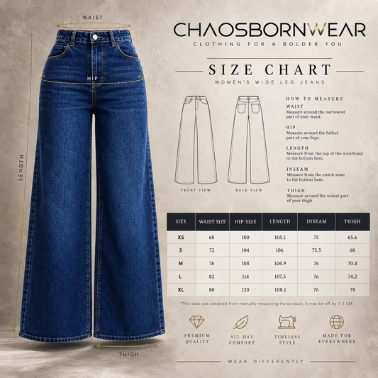 A size chart and measurement guide for Chaosborn Wear women's wide leg jeans, featuring a large front view of a blue denim pair with labeled waist, hip, length, inseam, and thigh measurements, plus front/back view line drawings and a size table.