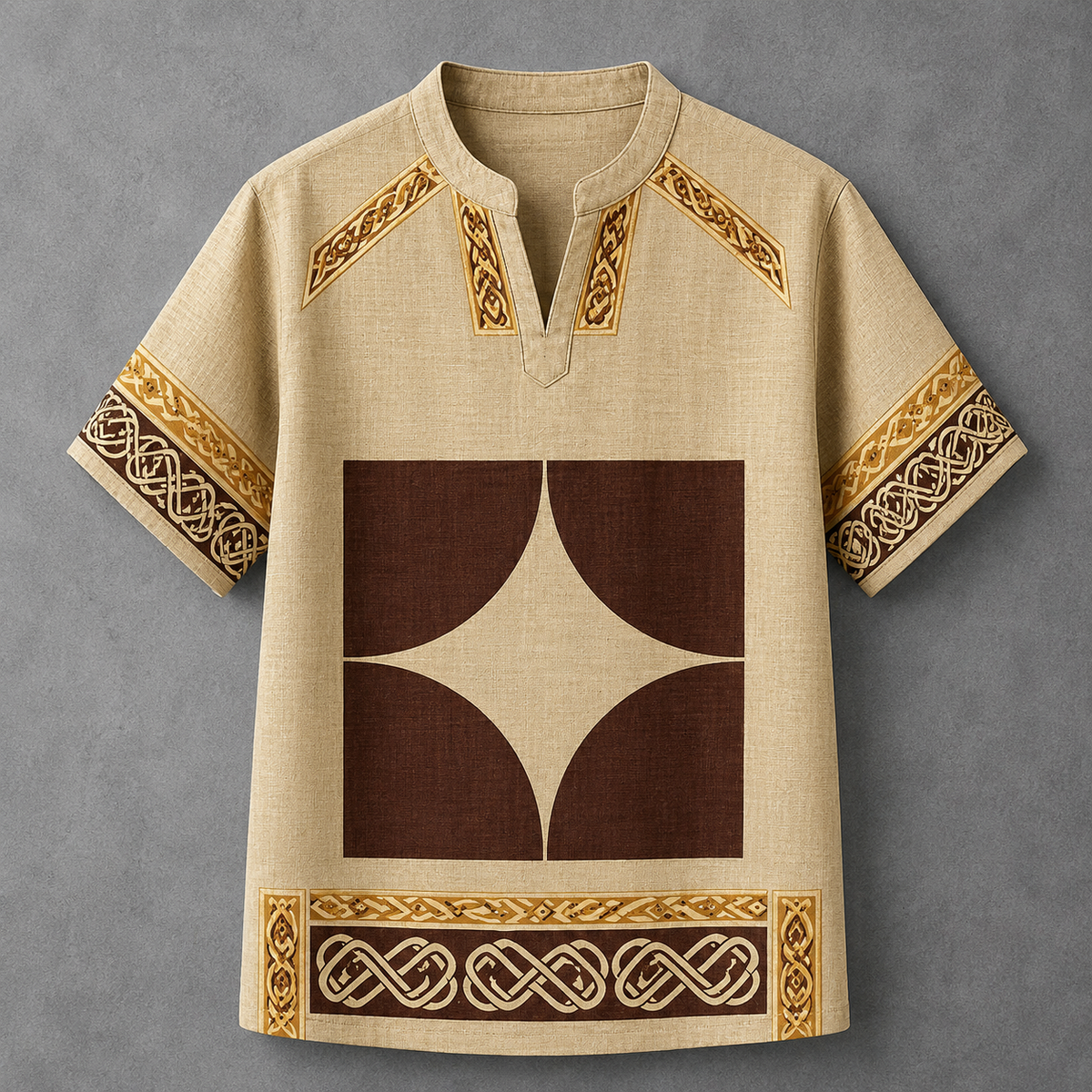 A beige short-sleeve tunic top with a split neckline, featuring a large dark brown geometric star motif on the front and gold Celtic-style border patterns along the sleeves and hem, displayed flat against a textured gray background.