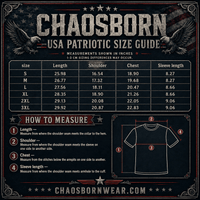 Chaosborn USA Patriotic Size Guide with measurements and instructions on a dark background