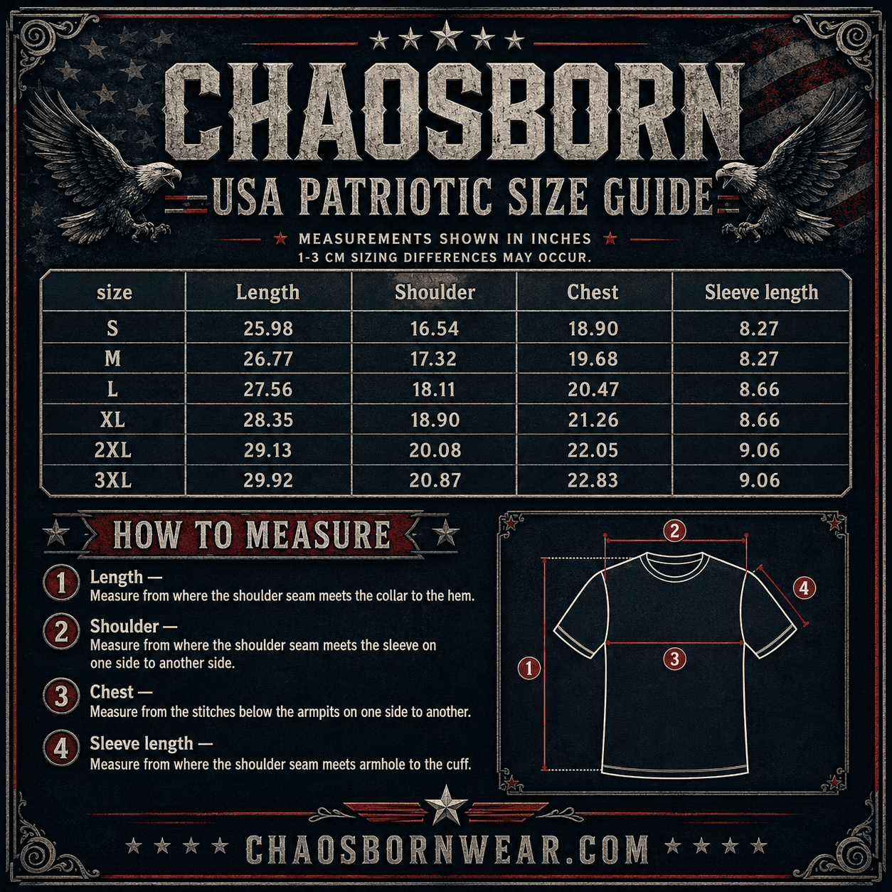 Chaosborn USA Patriotic Size Guide with measurements and instructions on a dark background
