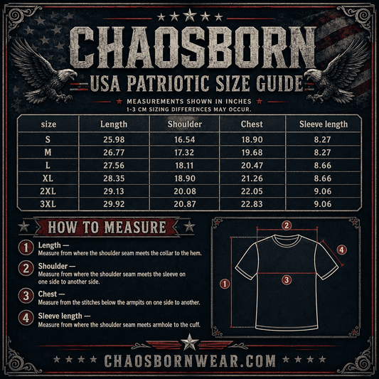 Chaosborn USA Patriotic Size Guide with measurements and instructions on a dark background