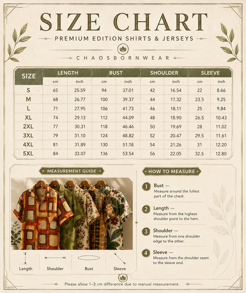 A size chart and measurement guide for Chaosborn Wear's premium edition shirts and jerseys.