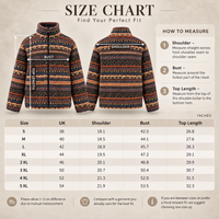 A size chart infographic for a patterned fleece jacket, showing front and back views of the garment with measurement guides, a sizing table from S to 5XL, and measurement instructions on a beige background.