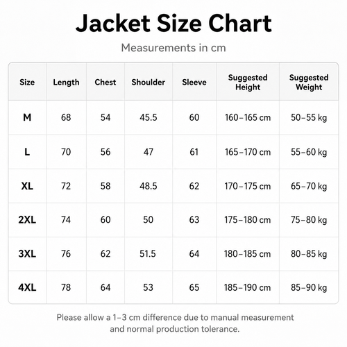 Jacket size chart table with measurements in centimeters for sizes M through 4XL, including length, chest, shoulder, sleeve, suggested height, and suggested weight.