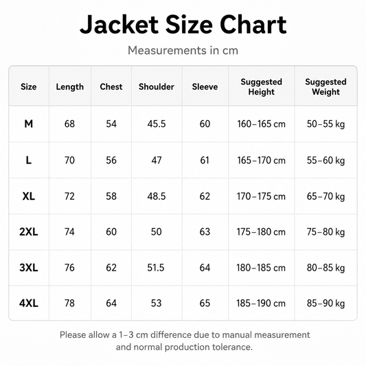 Jacket size chart table with measurements in centimeters for sizes M through 4XL, including length, chest, shoulder, sleeve, suggested height, and suggested weight.