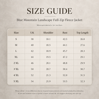 A size guide table for a Blue Mountain Landscape Full-Zip Fleece Jacket, showing measurements in inches for sizes S through 5 XL, including shoulder, bust, and top length, on a light textured beige background.