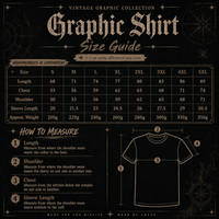 Vintage graphic collection graphic shirt size guide with measurements and a black t-shirt illustration.