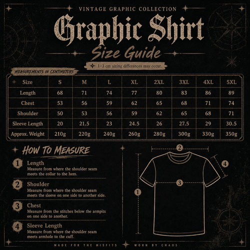 Vintage graphic collection graphic shirt size guide with measurements and a black t-shirt illustration.