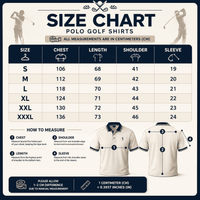 Size chart for Polo Golf Shirts with measurements in centimeters